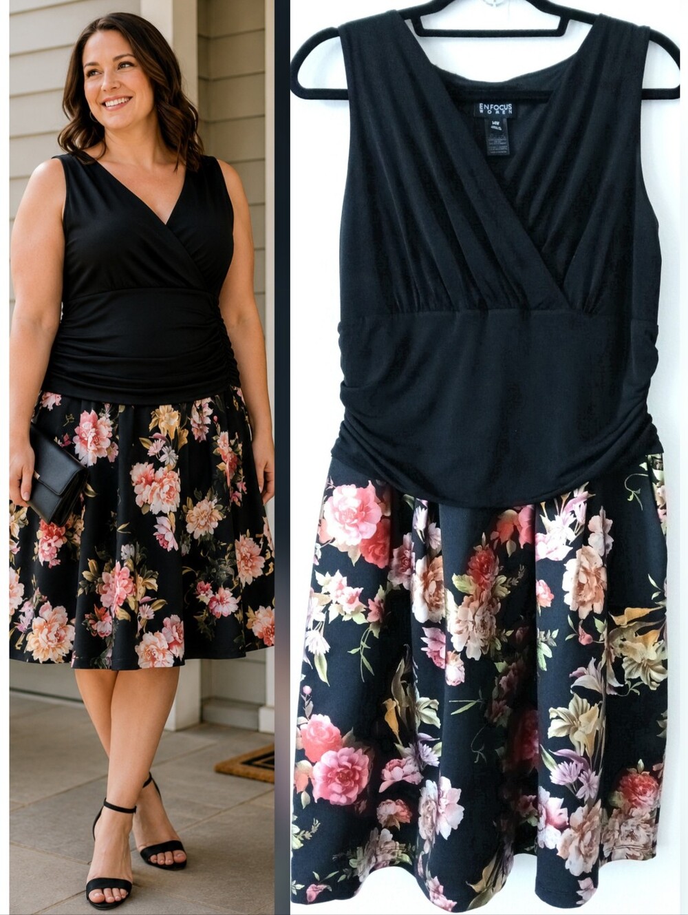 ENFOCUS Foil FLORAL BLACK SLEEVELESS Garden Party DRESS Women's PLUS Size 14 W
